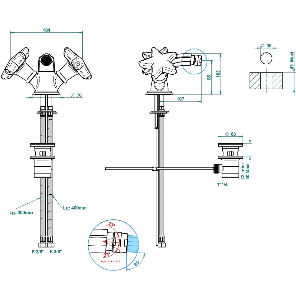 Смеситель для биде THG Oceania A2C-A02-3202 (хром, прозрачный хрусталь), с донным клапаном
