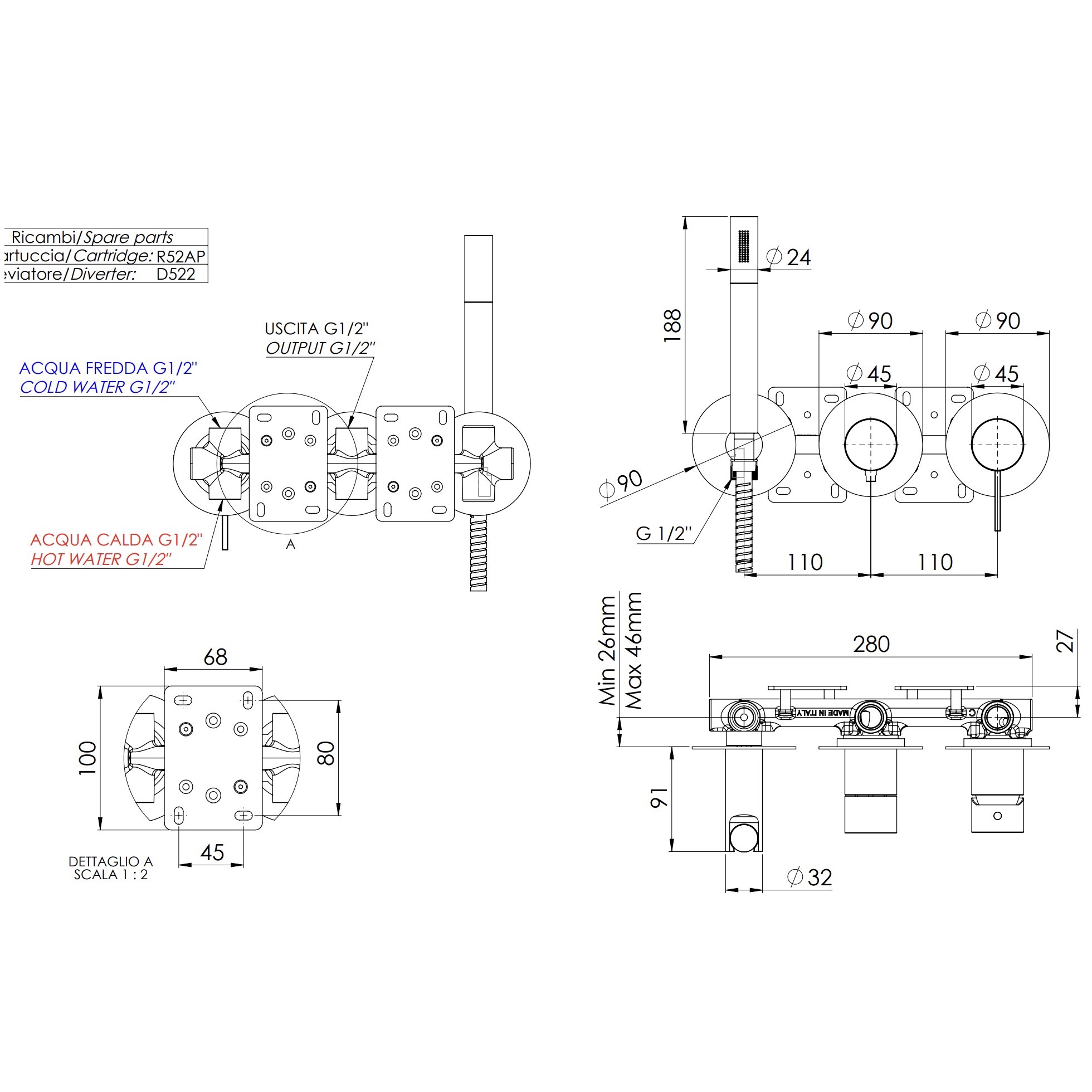 Смеситель для душа скрытого монтажа Remer Metrica MC97D2PNO (черный матовый)