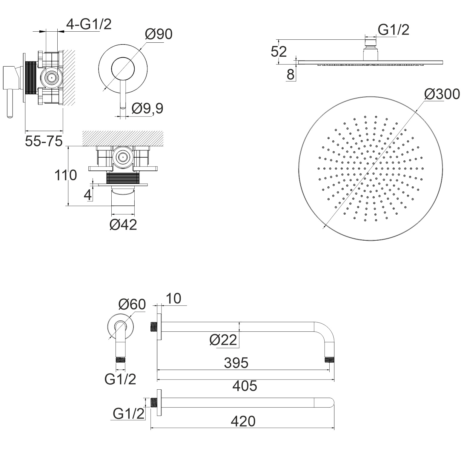 Смеситель для душа с верхним душем 30x30 см., Whitecross Серия Y YSET01NIB (никель брашированный), без излива