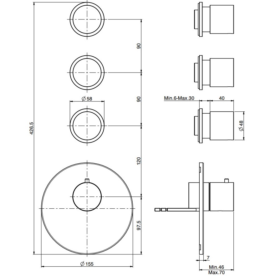 Смеситель для душа скрытого монтажа Fima Carlo Frattini Spillo Steel F3083X3INOX (нержавеющая сталь), с термостатом, 3 источника