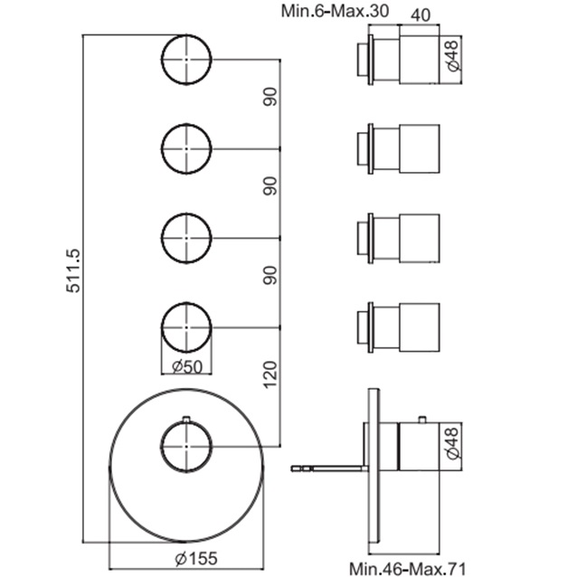Смеситель для душа скрытого монтажа Fima Carlo Frattini Spillo Steel F3083X4INOX (нержавеющая сталь), с термостатом, 4 источника