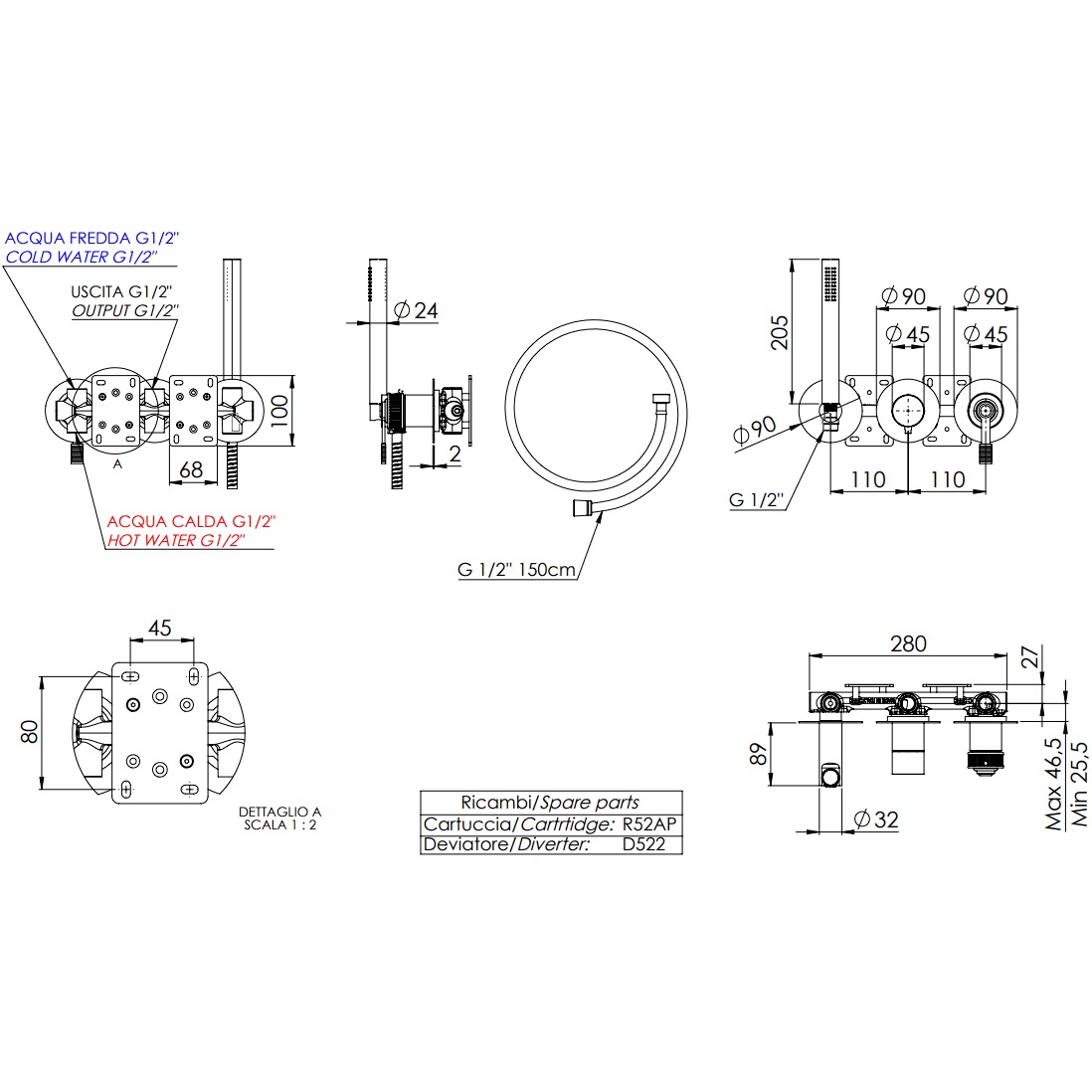 Смеситель для душа скрытого монтажа Remer Atelier AL97D2P (хром)