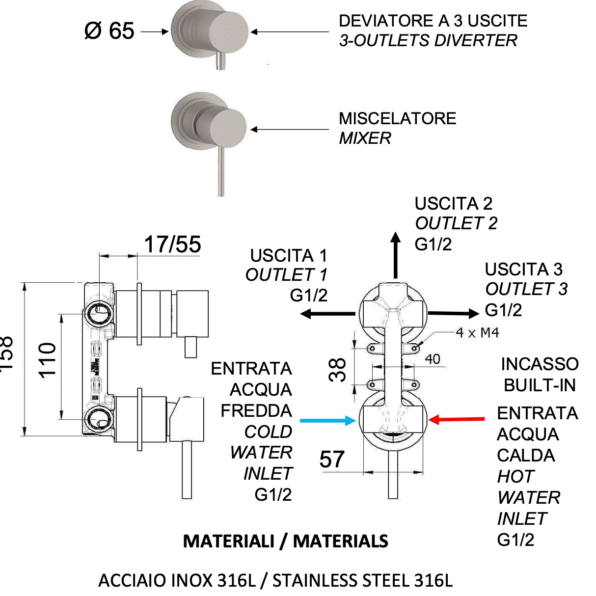 Смеситель для душа скрытого монтажа Remer X Style Inox SSX93P (сталь)