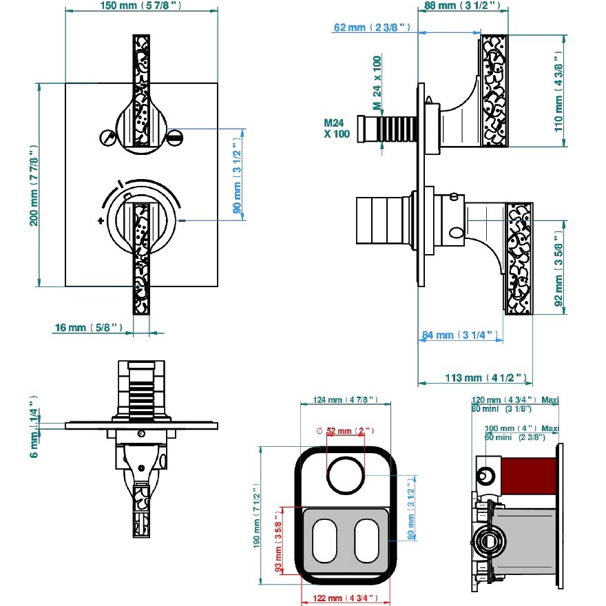 Смеситель для душа скрытого монтажа THG Ginkgo U5E-F01-5500BE (золотой, оранжевый хрусталь), с термостатом, на 2 источника