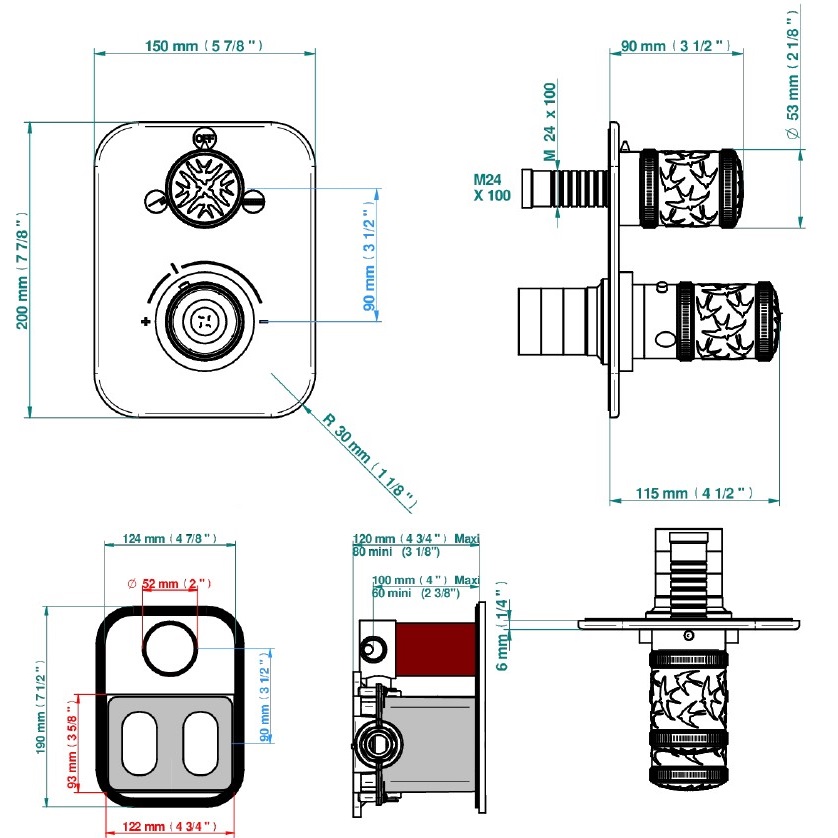 Смеситель для душа скрытого монтажа THG Hirondelles A4J-F01-5500BE (золотой, прозрачный), с термостатом, на 2 источника