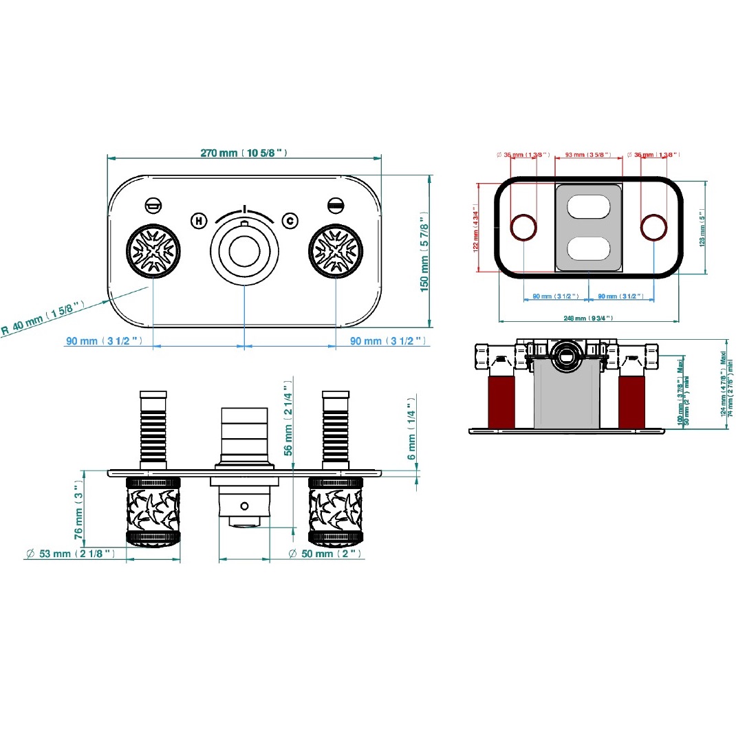 Смеситель для душа скрытого монтажа THG Hirondelles A4J-F30-5401BEH (золотой, прозрачный), с термостатом, на 2 источника