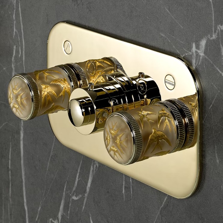 Смеситель для душа скрытого монтажа THG Hirondelles A4J-F30-5401BEH (золотой, прозрачный), с термостатом, на 2 источника