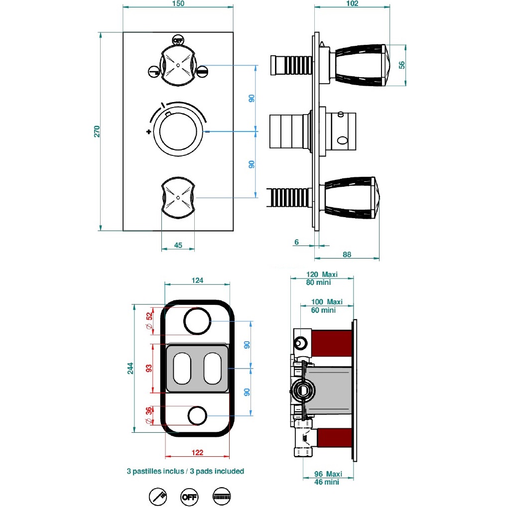 Смеситель для душа скрытого монтажа THG Infini white porcelain U2D-H53-5540BE (золотой, белый), с термостатом, на 3 выхода