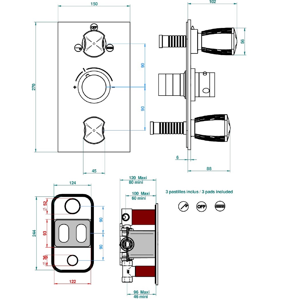 Смеситель для душа скрытого монтажа THG Infini white porcelain with platinum U2E-A02-5540BE (хром, белый, платина), с термостатом, на 3 источника