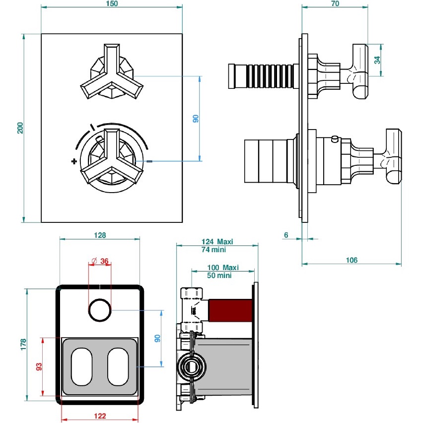 Смеситель для душа скрытого монтажа THG Les Ondes G8A-F31-5300BE (золотой матовый), с термостатом, с дивертером