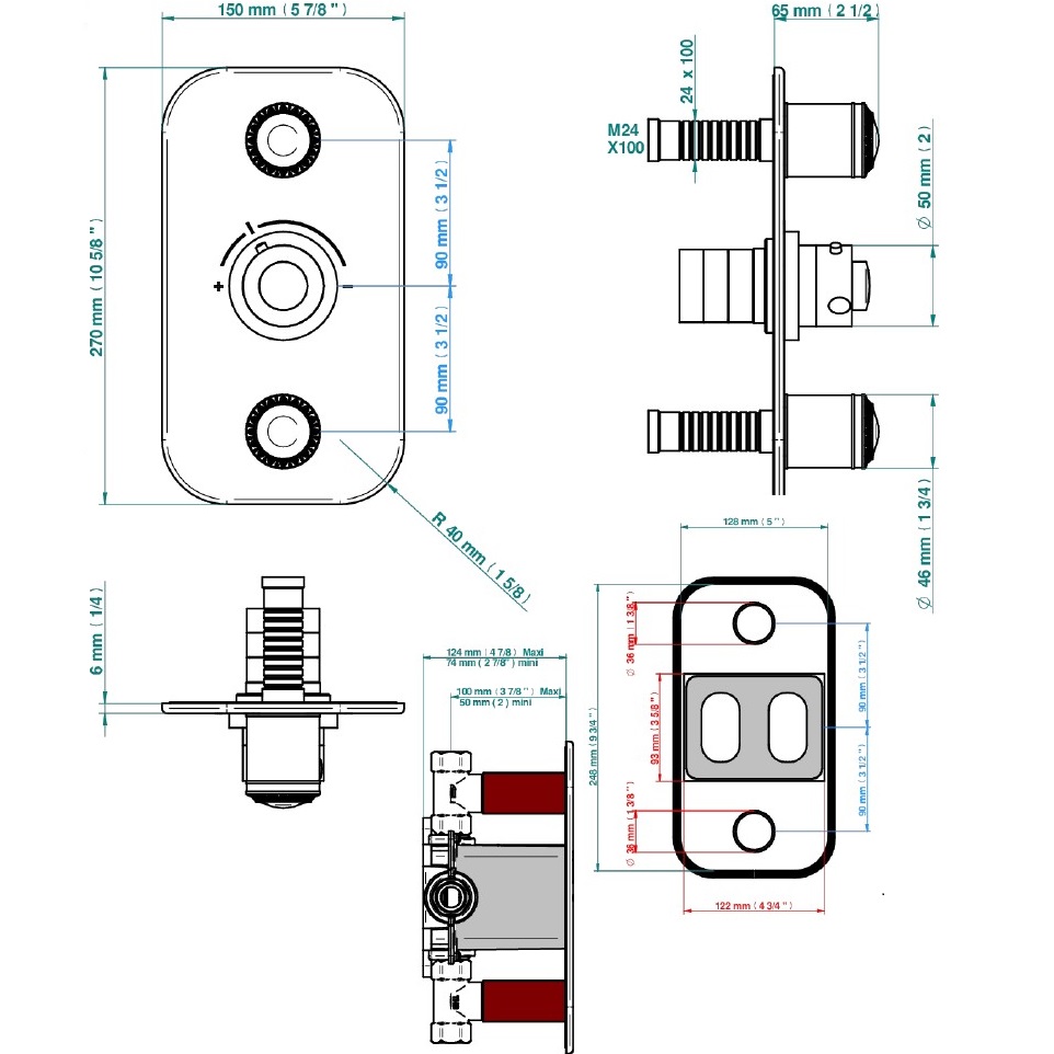 Смеситель для душа скрытого монтажа THG Malmaison Portoro U95-D14-5400BE (никель), с термостатом, на 2 выхода