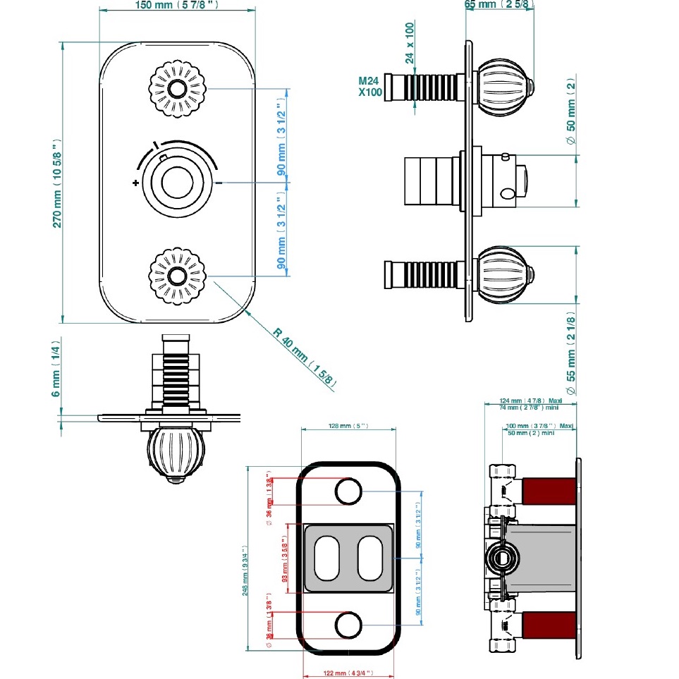 Смеситель для душа скрытого монтажа THG Mandarine metal U1A-G02-5400BE (хром, золотой), с термостатом, на 2 источника