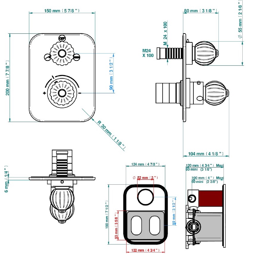 Смеситель для душа скрытого монтажа THG Mandarine metal U1A-G02-5500BE (хром, золотой), с термостатом, на 2 источника