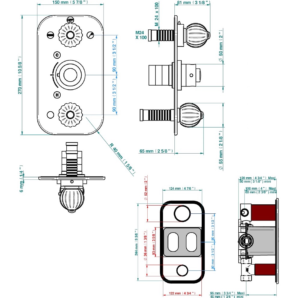 Смеситель для душа скрытого монтажа THG Mandarine metal U1A-G02-5540BE (хром, золотой), с термостатом, на 2 источника