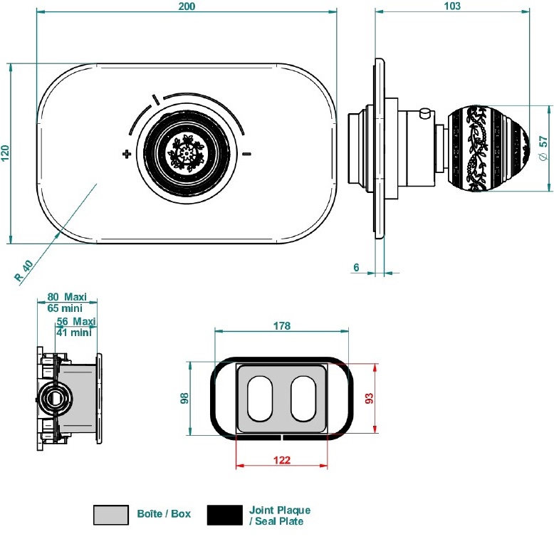 Смеситель для душа скрытого монтажа THG Marquise porcelaine noire A7F-F01-5100B (золотой, черный фарфор), с термостатом