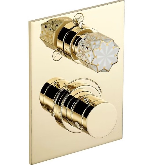 Смеситель для душа скрытого монтажа THG Nihal Porcelaine Ivoire U2N-F30-5500BE (золотой, айвори), с термостатом, на 2 источника