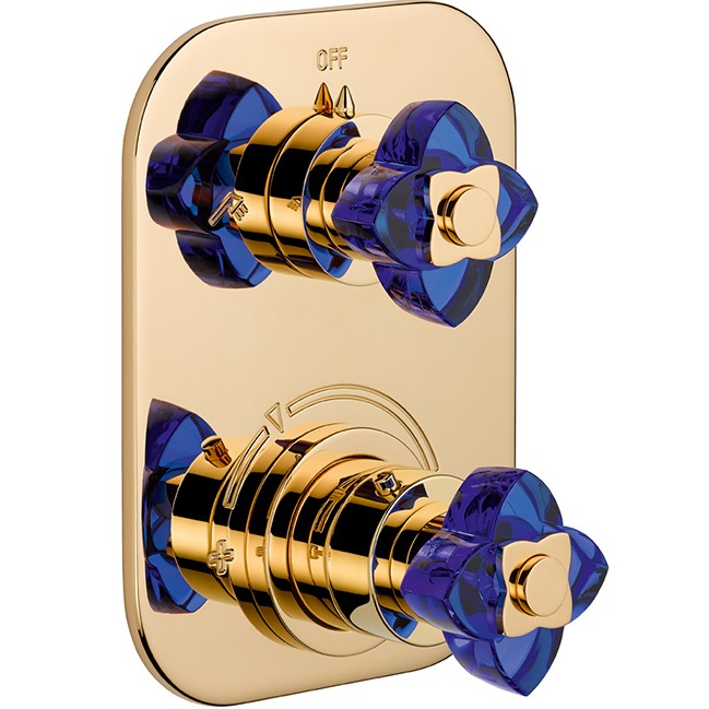 Смеситель для душа скрытого монтажа THG Petale de cristal bleu U6B-F01-5500BE (золотой, синий хрусталь), с термостатом, на 2 источника
