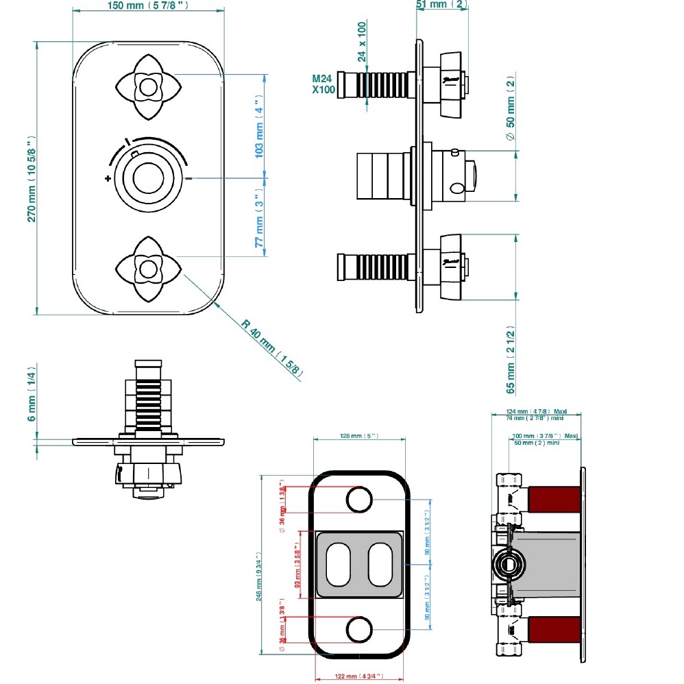 Смеситель для душа скрытого монтажа THG Petale de Cristal noir U6D-A02-5400BE (хром, черный хрусталь), с термостатом, на 2 источника