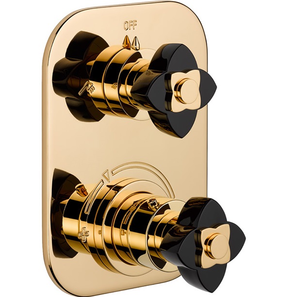 Смеситель для душа скрытого монтажа THG Petale de Cristal noir U6E-F01-5500BE (золотой, черный хрусталь), с термостатом, на 2 источника