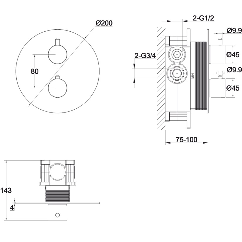 Смеситель для душа скрытого монтажа Whitecross Серия Y Y1236GLB (золото брашированное), с термостатом, 2 источника
