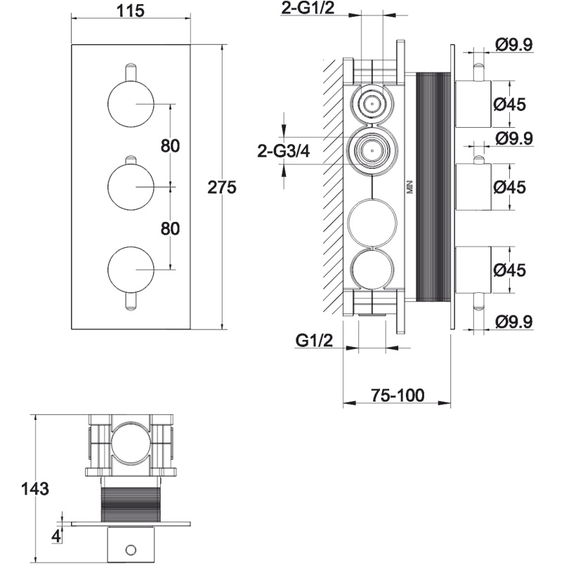 Смеситель для душа скрытого монтажа Whitecross Серия Y Y1238BL (черный матовый), с термостатом, 3 источника