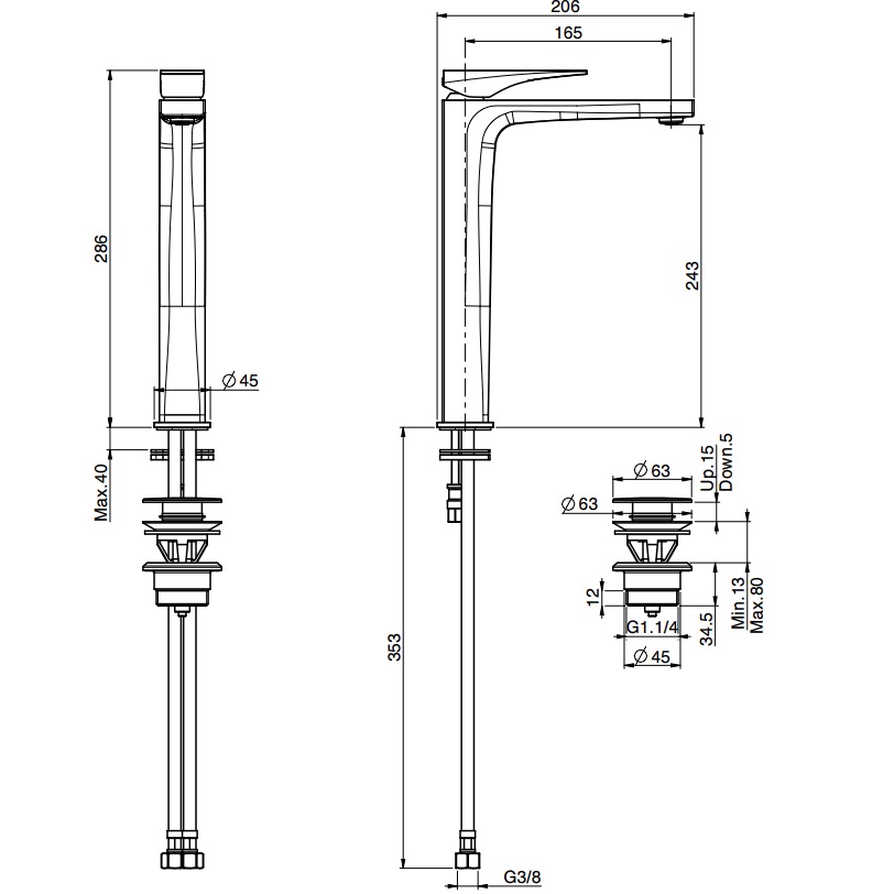 Смеситель для раковины F3961/HNCR (хром), с донным клапаном