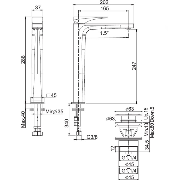 Смеситель для раковины F3961/HNNS (черный матовый), с донным клапаном