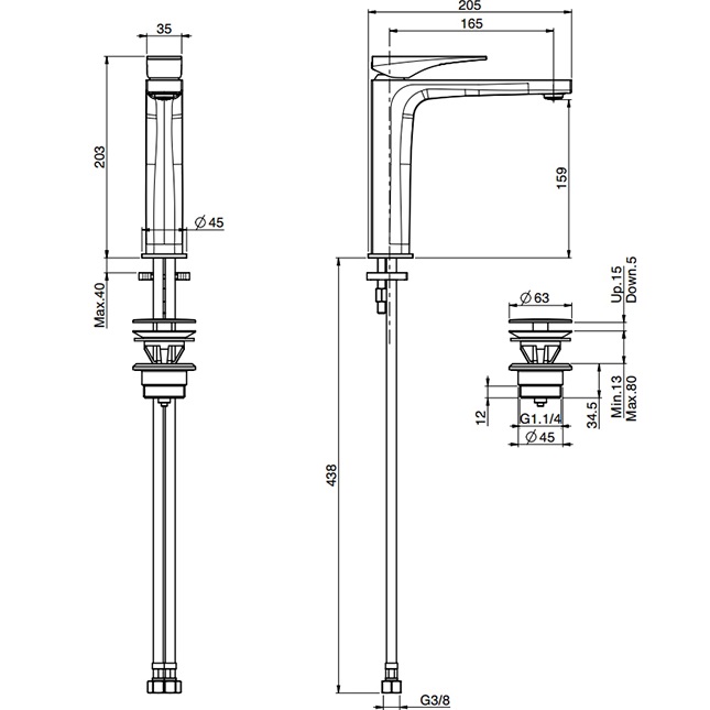 Смеситель для раковины F3961LNNS (черный матовый), с донным клапаном