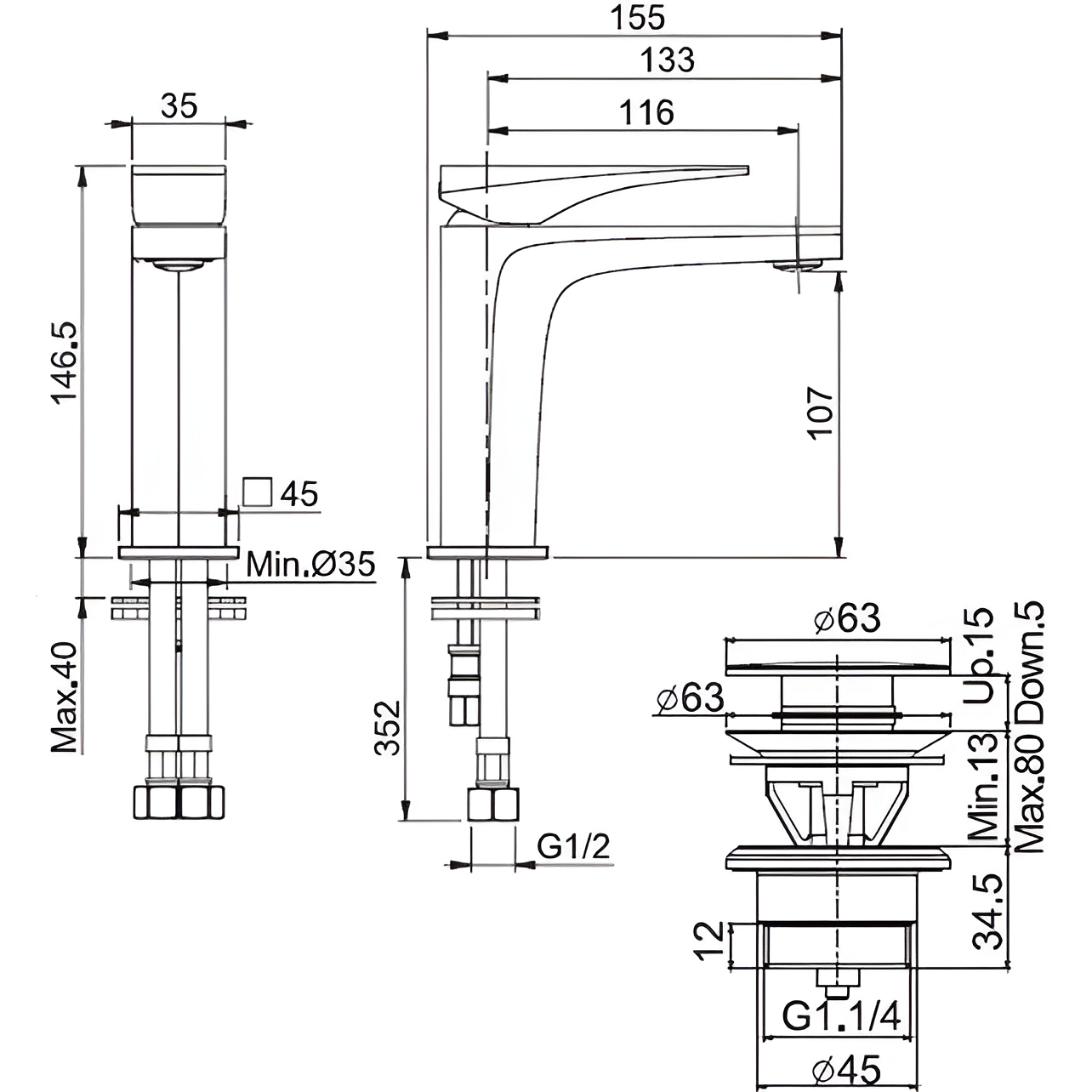 Смеситель для раковины F3961NNS (черный матовый), с донным клапаном