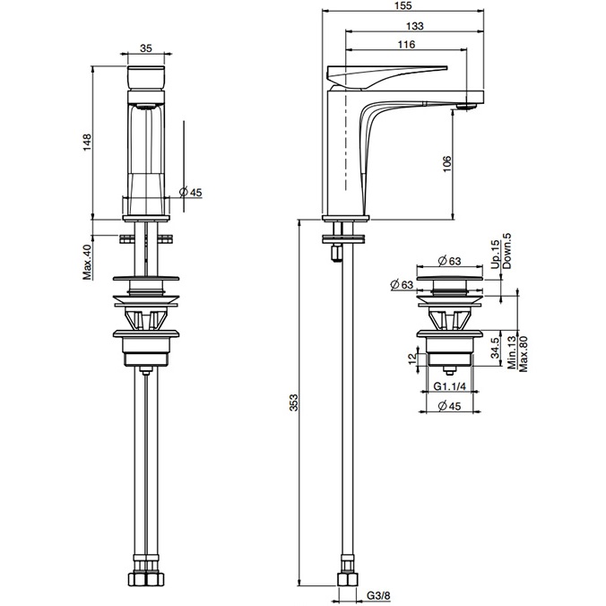 Смеситель для раковины F3961NNS.1 (черный матовый), с донным клапаном