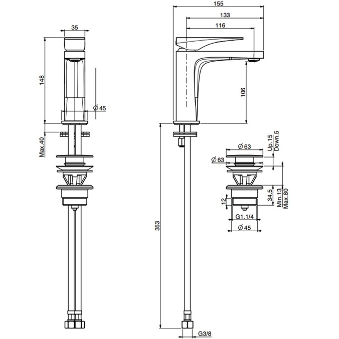 Смеситель для раковины F3961NOR.1 (золотой), с донным клапаном