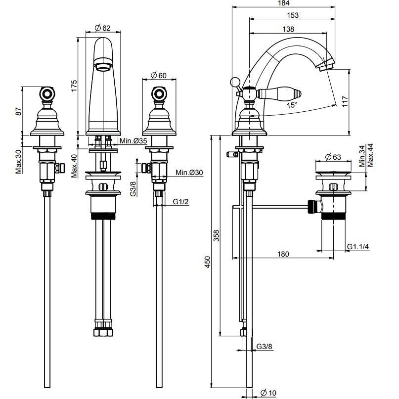 Смеситель для раковины Fima Carlo Frattini Herend F5421CNCR (хром, с черными ручками), с донным клапаном