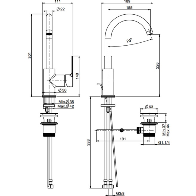 Смеситель для раковины Fima Carlo Frattini Mast F3151NS.ES (черный матовый), с донным клапаном