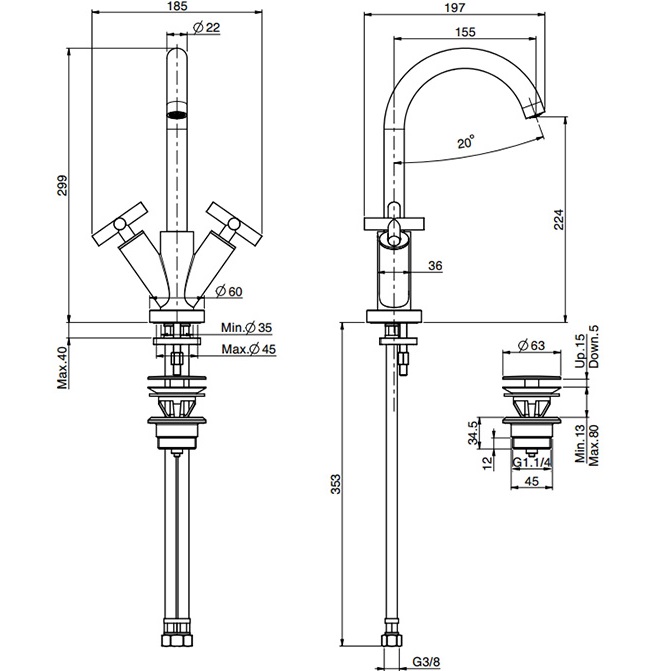 Смеситель для раковины Fima Carlo Frattini Maxima F5311WNS (черный матовый), с донным клапаном