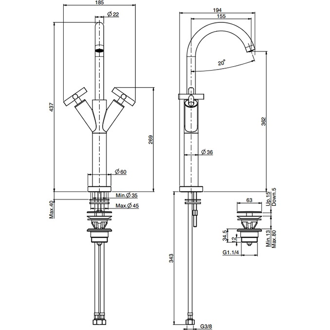 Смеситель для раковины Fima Carlo Frattini Maxima F5331WNS (черный матовый), с донным клапаном