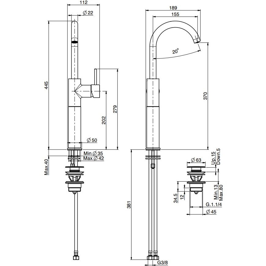 Смеситель для раковины Fima Carlo Frattini Spillo Up F3041/HNS (черный матовый), с донным клапаном