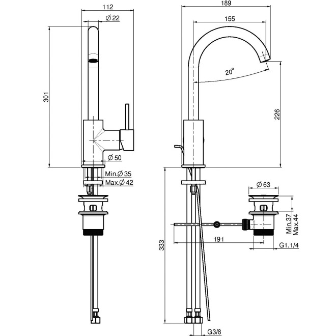 Смеситель для раковины Fima Carlo Frattini Spillo Up F3041CN.1 (черный хром), с донным клапаном