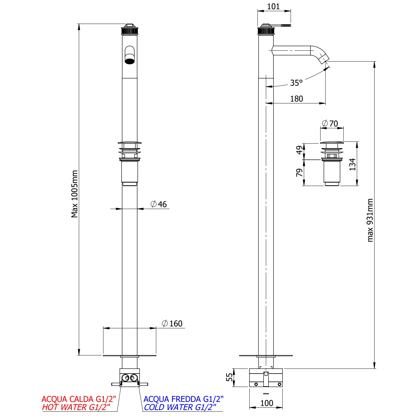 Смеситель для раковины напольный Remer Atelier AL18NO (черный матовый), с донным клапаном