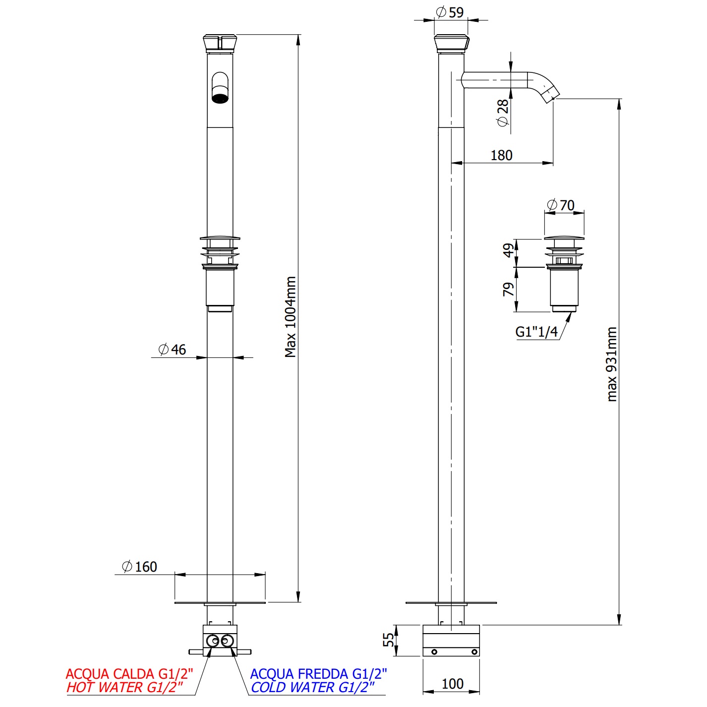 Смеситель для раковины напольный Remer Element ET18BG (золото брашированное), с донным клапаном