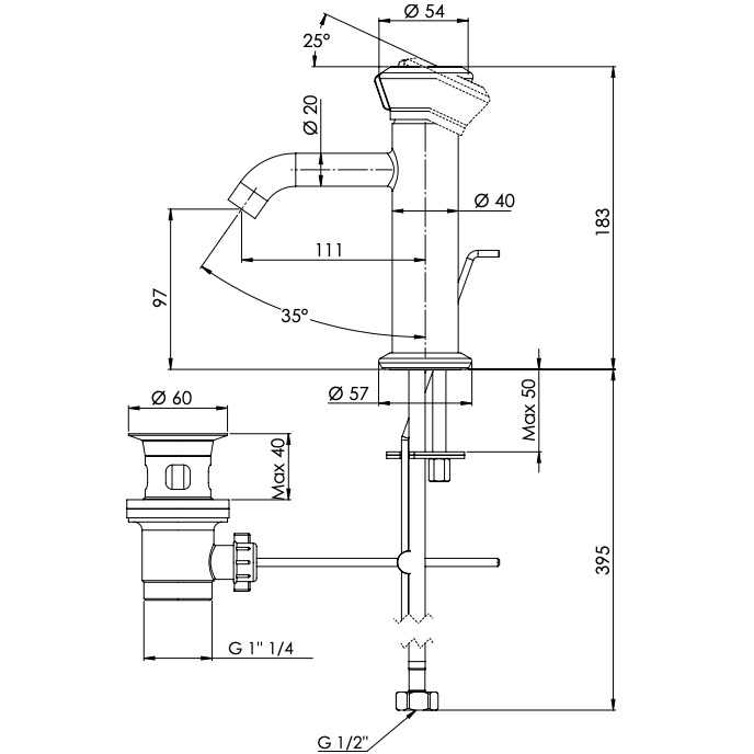 Смеситель для раковины Remer Element ET10 (хром), с донным клапаном