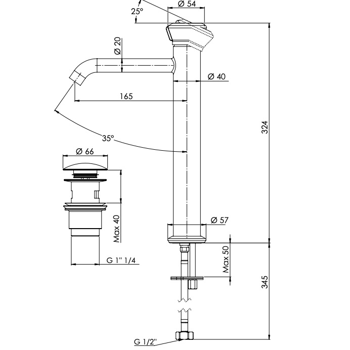 Смеситель для раковины Remer Element ET10LXL (хром), с донным клапаном