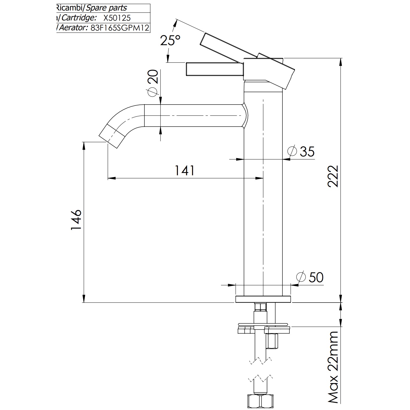 Смеситель для раковины Remer Metrica MC12A (хром), без донного клапана