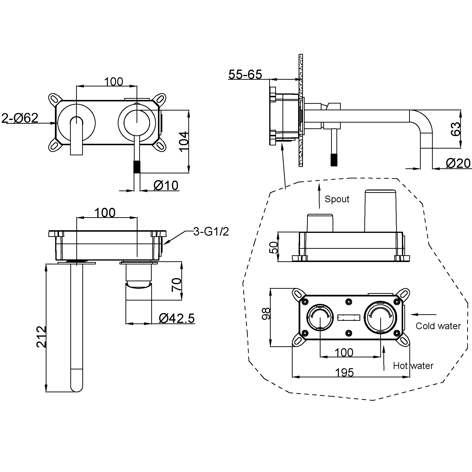 Смеситель для раковины скрытого монтажа Boheme Uno 465-SGM (оружейный металл глянцевый)