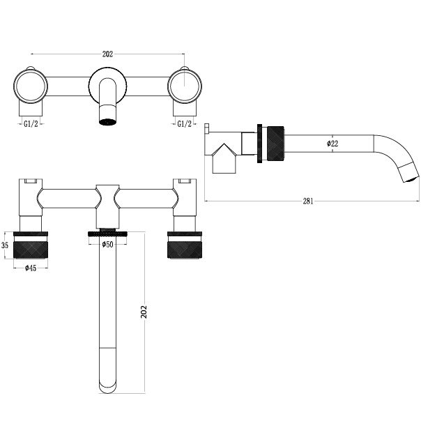 Смеситель для раковины скрытого монтажа Boheme Stick Spirale 152-2-B.4 (черный матовый), без донного клапана