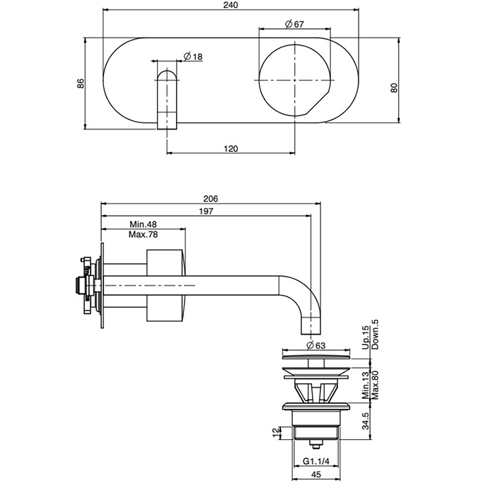 Смеситель для раковины скрытого монтажа F3171WLX5CR (хром), с донным клапаном