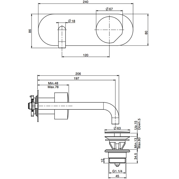 Смеситель для раковины скрытого монтажа F3171WLX5NS (черный матовый), с донным клапаном