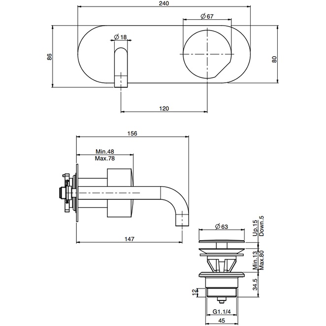 Смеситель для раковины скрытого монтажа F3171WX5CR (хром), с донным клапаном