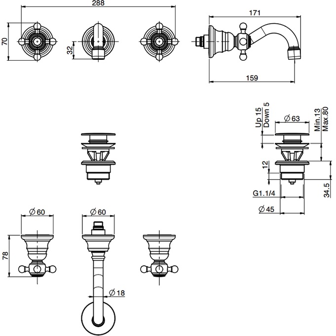 Смеситель для раковины скрытого монтажа 15.9 см. Fima Carlo Frattini Elizabeth F5081/5CR (хром), с донным клапаном