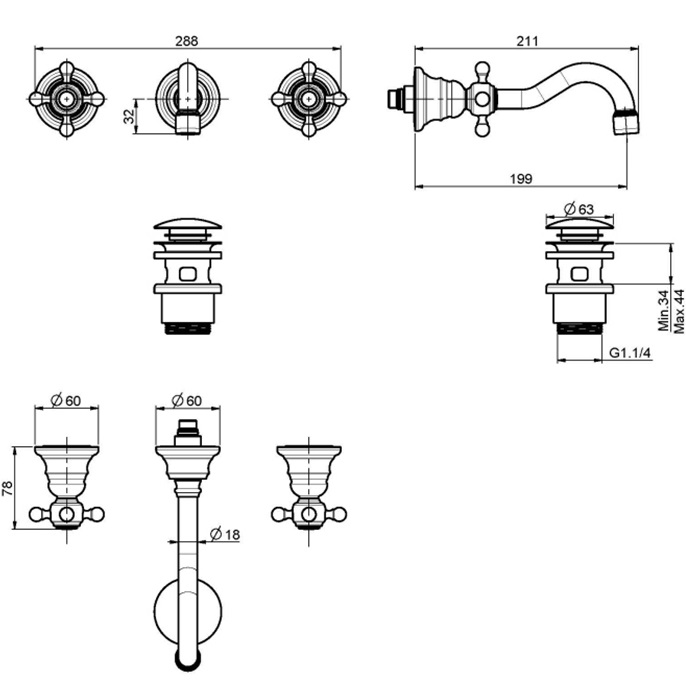Смеситель для раковины скрытого монтажа 19.9 см. Fima Carlo Frattini Elizabeth F5081L/5BR (бронза), с донным клапаном