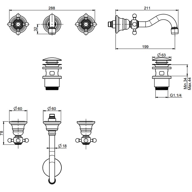 Смеситель для раковины скрытого монтажа 19.9 см.  Fima Carlo Frattini Elizabeth F5081L/5CR (хром), с донным клапаном